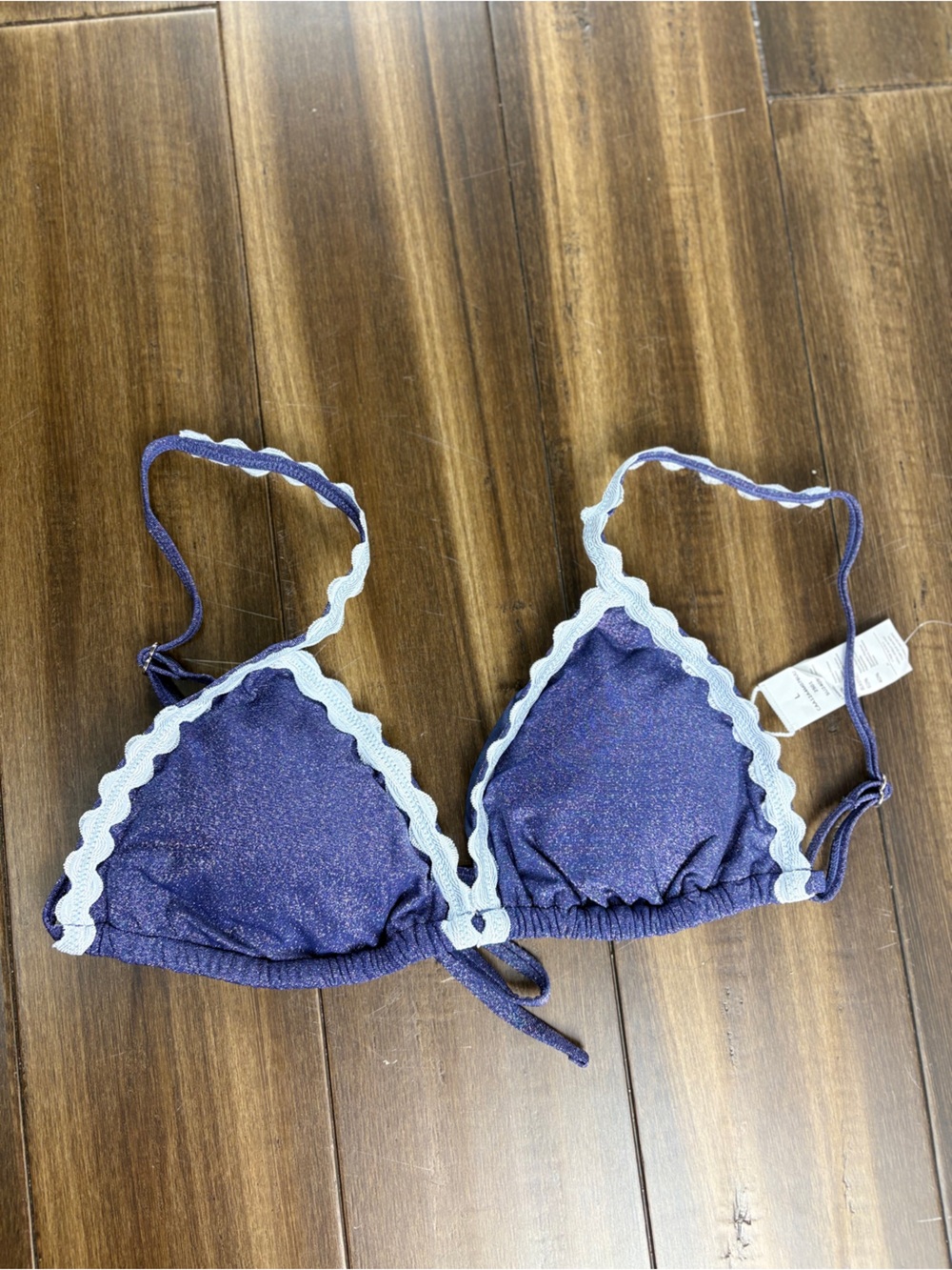 NWT Sz L TOP Dazzling Triangle Navy Blue and White Scalloped Bikini - Picture 7 of 10